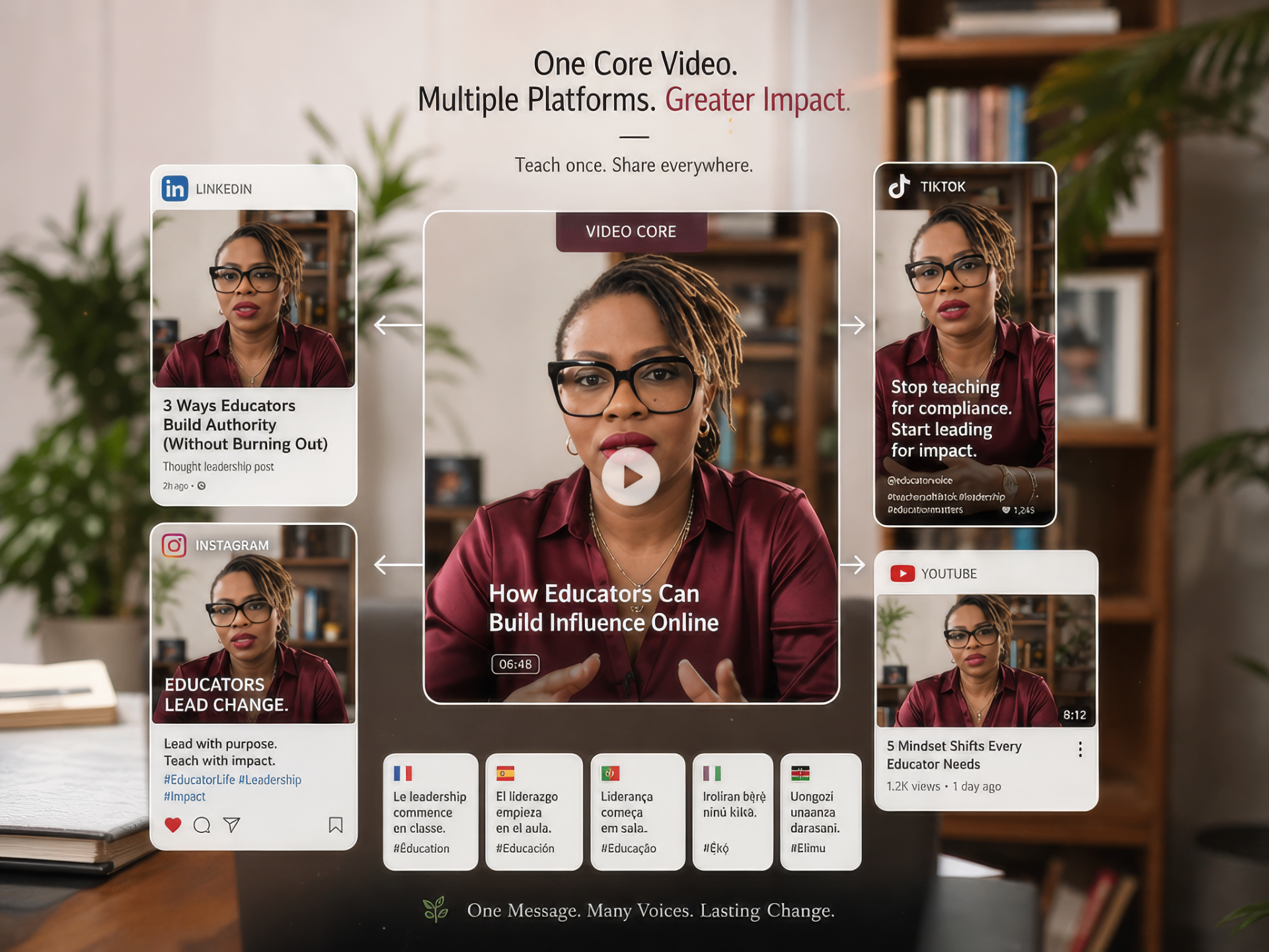 One core video distributed across LinkedIn, TikTok, Instagram, YouTube, and multiple languages